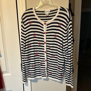 VTG Breckenridge women’s Cardigan Sweater. Blue white stripes, red accents Sz M